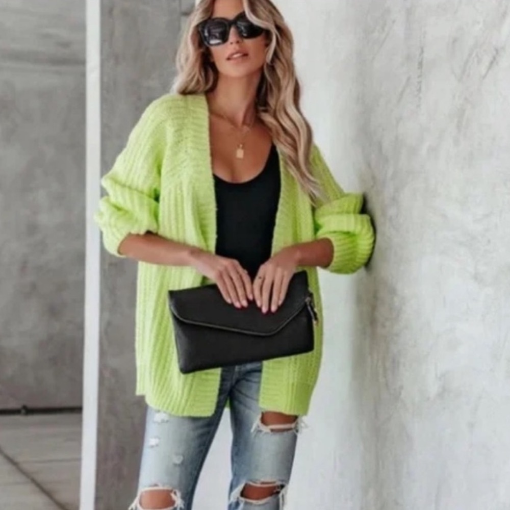 NWT Zara Neon Green Long Open Chunky Cardigan Small